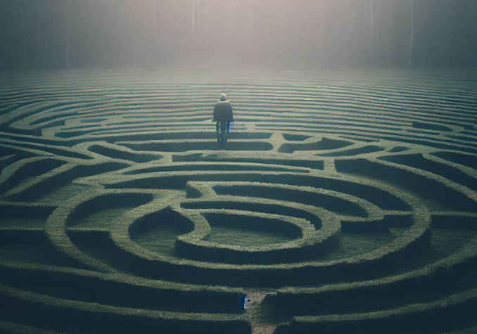 Ein Mann in einem Heckenlabyrinth.