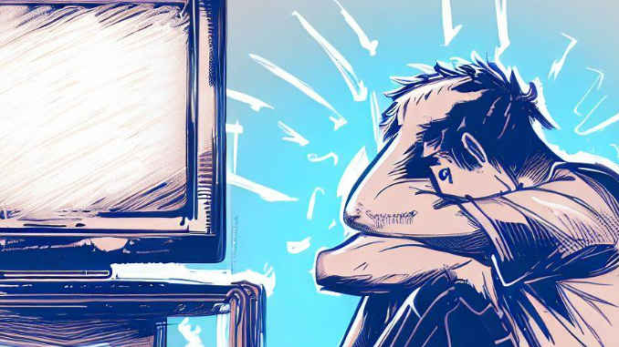 Ein frustrierter Mann sitzt vor einem leeren TV-Bildschirm.