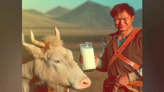 Ein Yak und ein Mongole mit einer Flasche Milch.