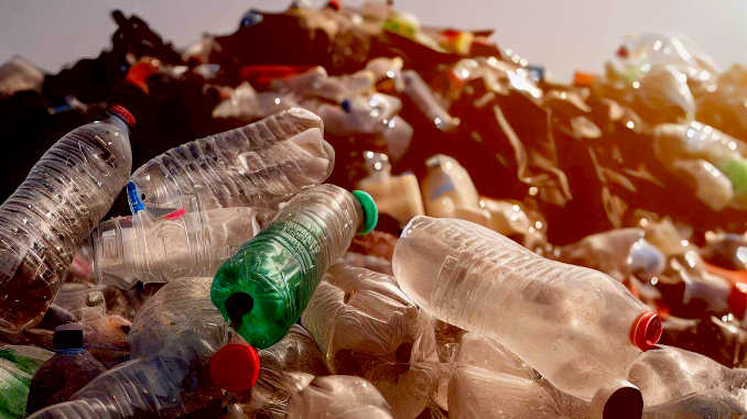 Plastikflaschen auf einem Müllberg.