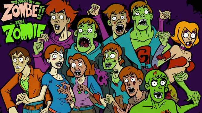 Eine Gruppe von Zombies im Comic-Stil.