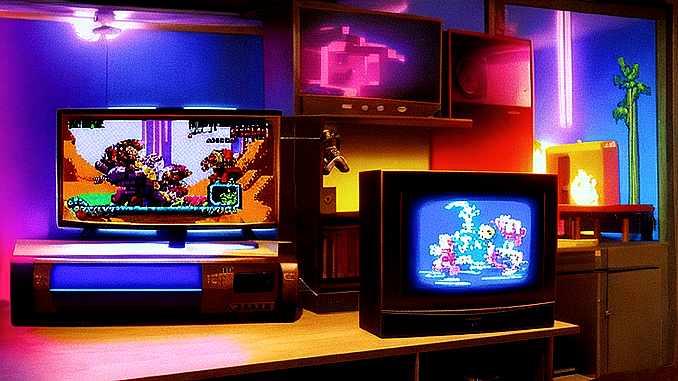 Ein Schreibtisch mit mehreren CRT Fernsehern, auf denen Videospiele zu sehen sind.