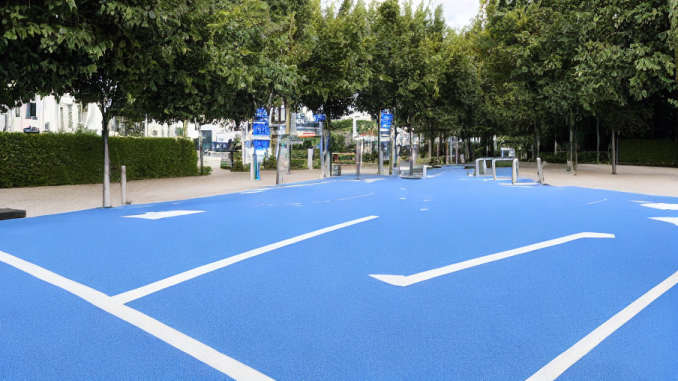 Eine blaue Parkfläche in Frankreich.