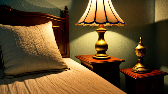 Ein Bett in einem Schlafzimmer und eine Lampe.