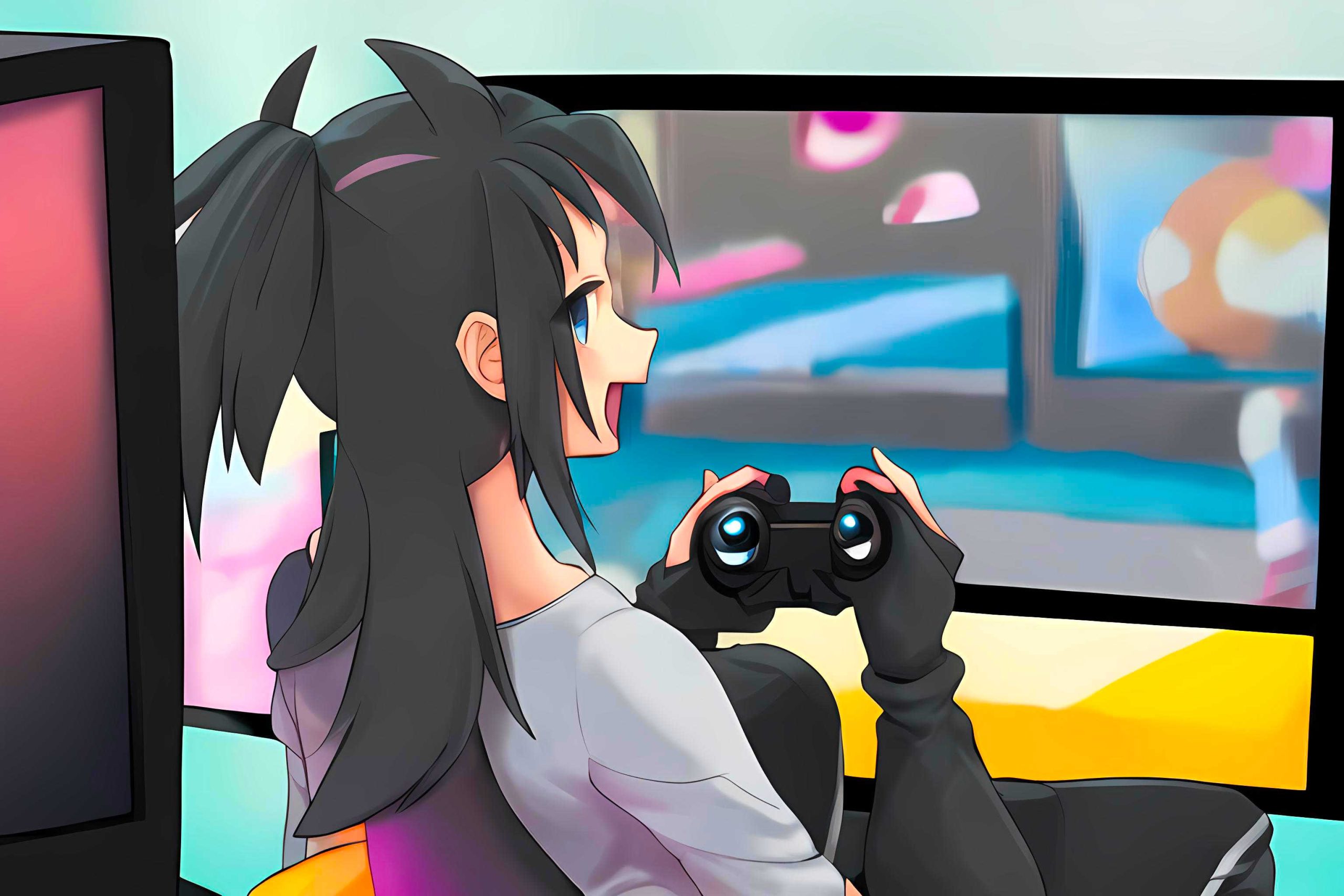 Anime-Bild mit Mädchen, das Videospiele spielt.