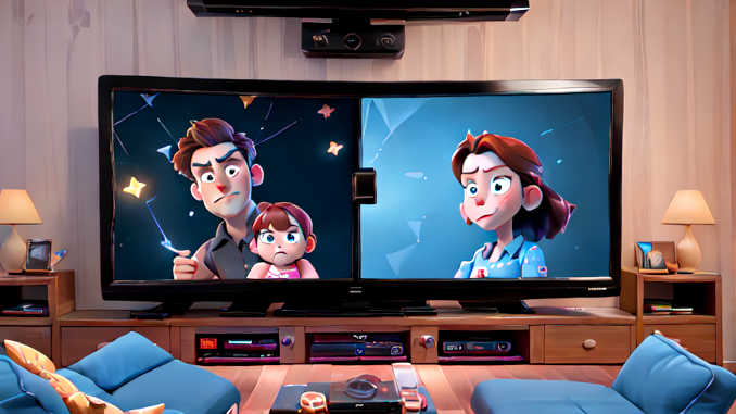 Ein Fernseher in einem Wohnzimmer zeigt einen Film.