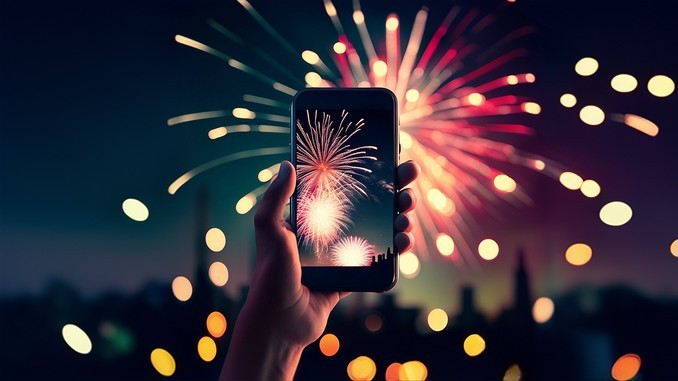 Ein Smartphone und Feuerwerk.