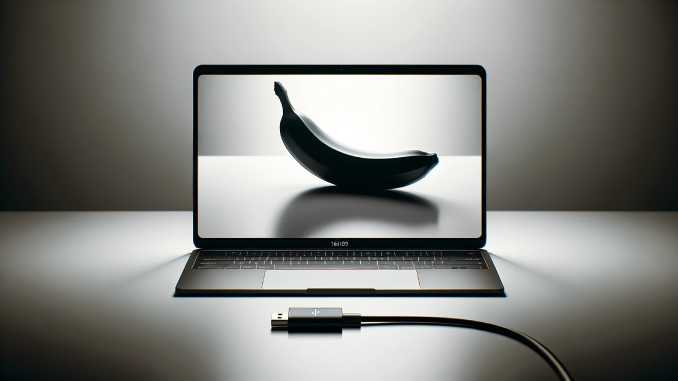 Ein Macbook Adapter und ein Bildschirm mit einer Banane.