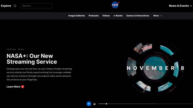 NASA+ Streaming Webseite.
