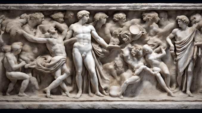 Ein Marmorbild mit einer antiken Szene.