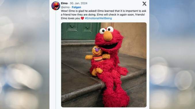 Elmo's Aufruf zu mehr geistigem Wohlbefinden auf X (Twitter).
