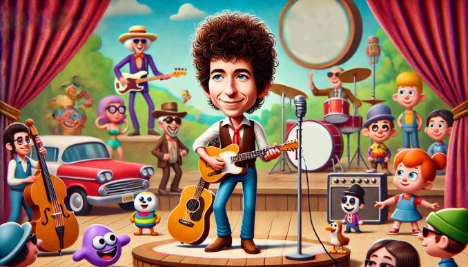 Bob Dylan auf der Buehne, Karikatur.
