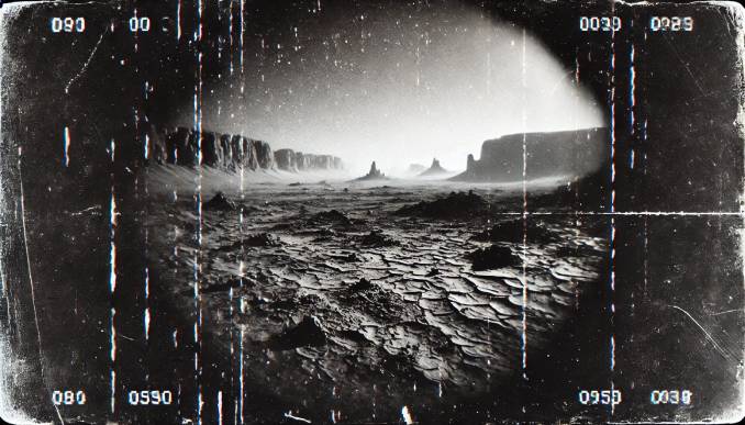 Schwarz Weiss Aufnahme von Mars ähnlicher Landschaft.