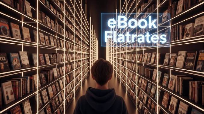 Mann steht in Bücherei. Oben ein Schild mit Schrift "Ebook Flatrates".