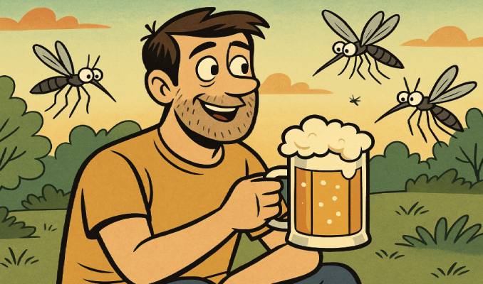 Biertrinker wird von Mücken angegriffen.