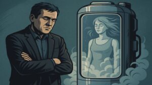 Mann steht vor Frau in Kälteschlaf.