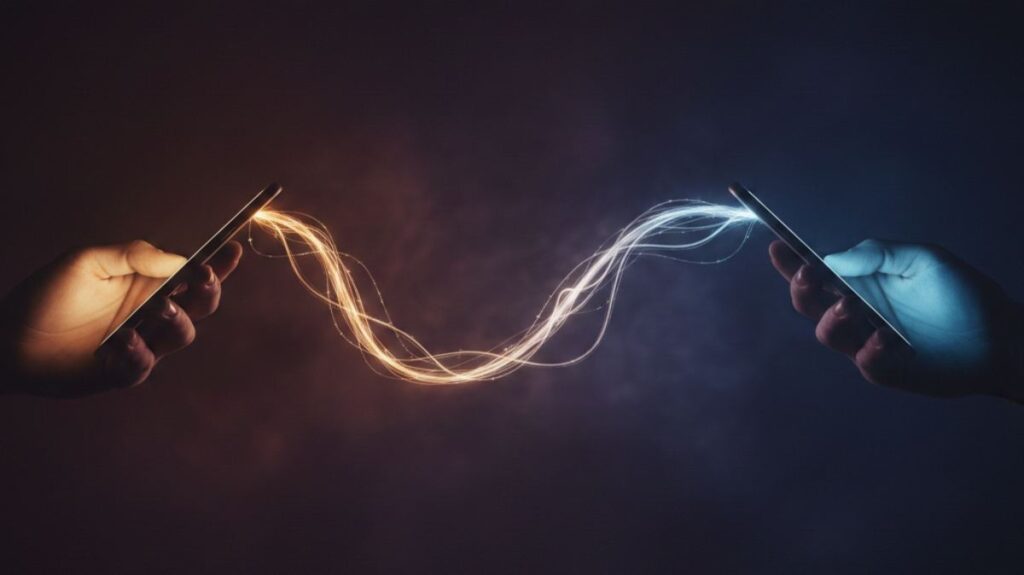 2 Smartphones sind durch eine Energielinie verbunden.