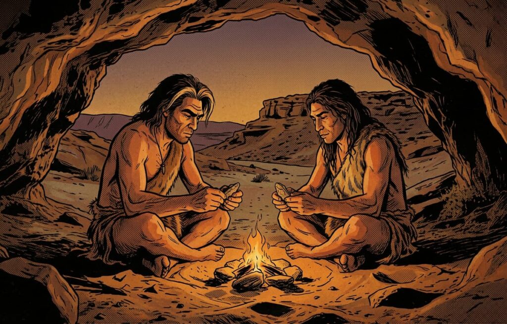 Neanderthaler und Mensch am Lagerfeuer